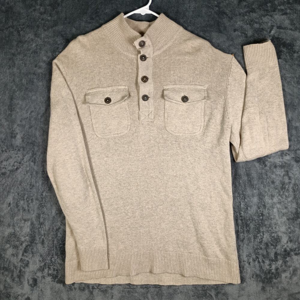 Gap Sweater Men Large Tan Oatmeal Henley Mock Neck Elbow Patch Preppy Knit